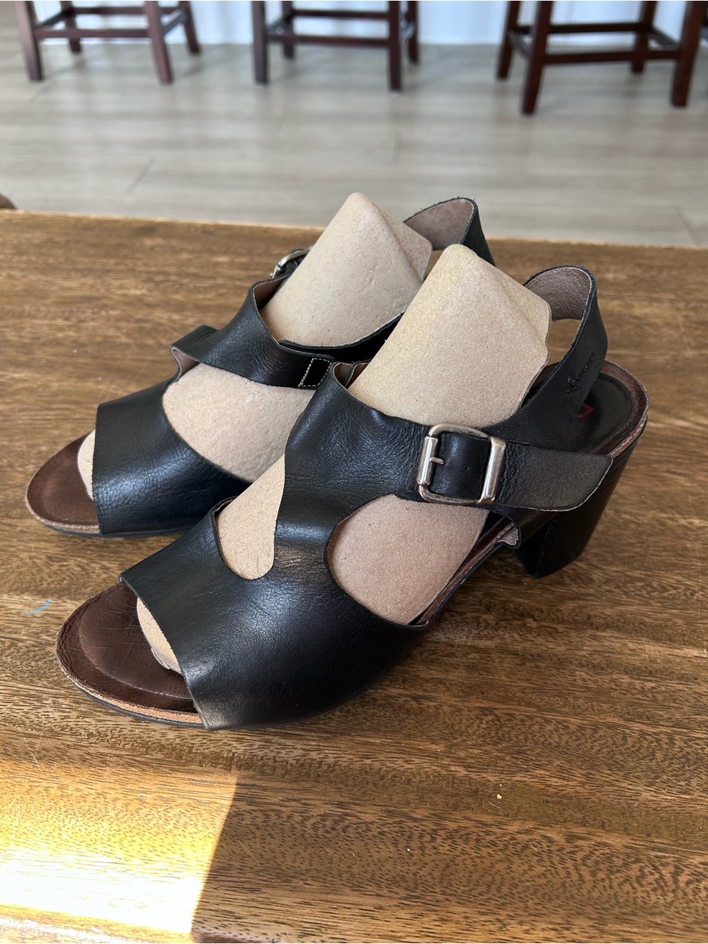 Dorking Black Leather Buckled Slingback Wedge Sandals Brown Chunky Heel Everyday